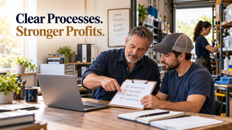 Business owner going over new procedures